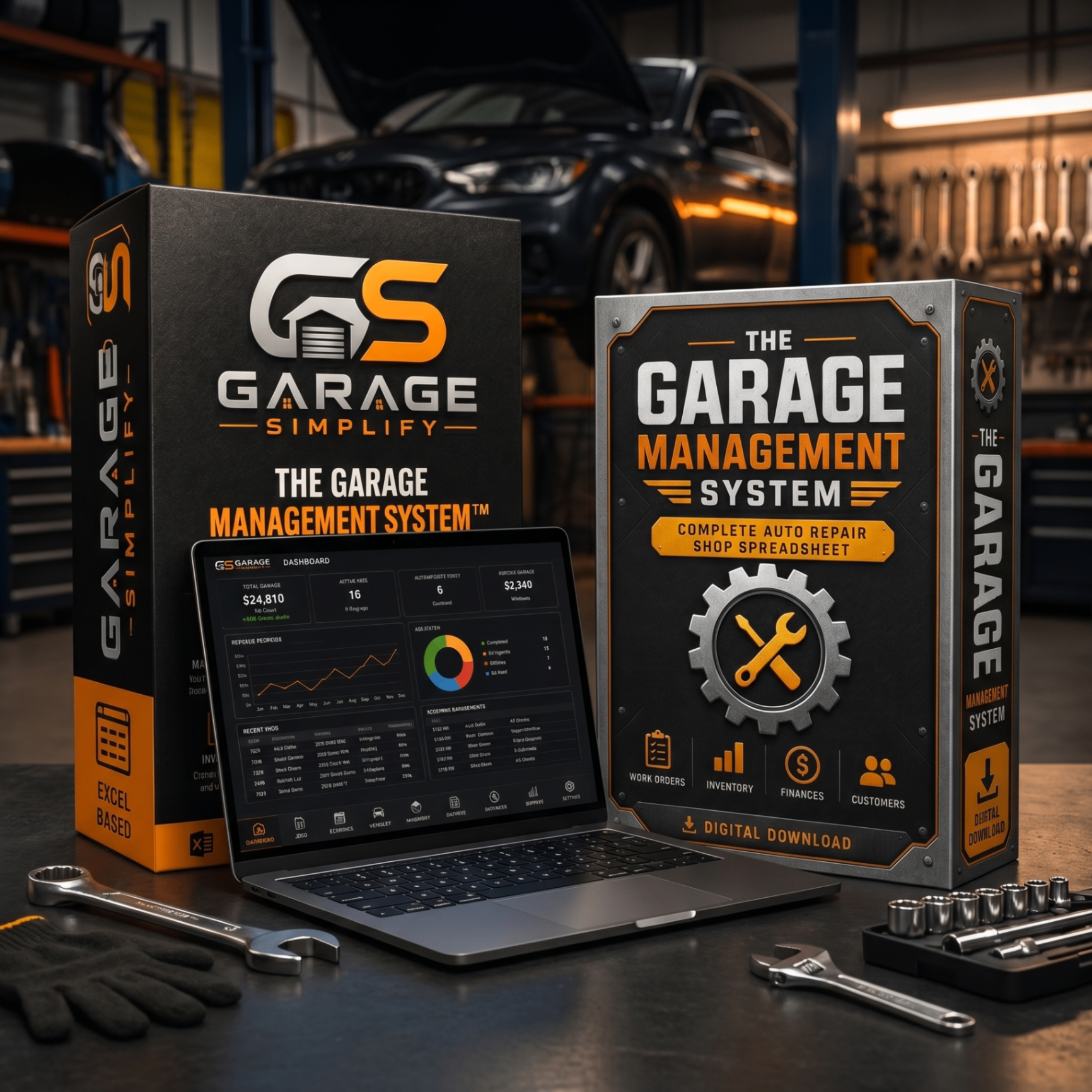The Garage Management System product packaging with dashboard preview